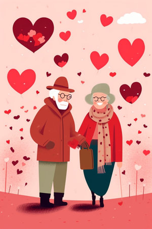 Generative AI : happy couple of elderly lovers congratulate each other on Valentines Day and give a postcard and bouquet of tulips flowersの素材