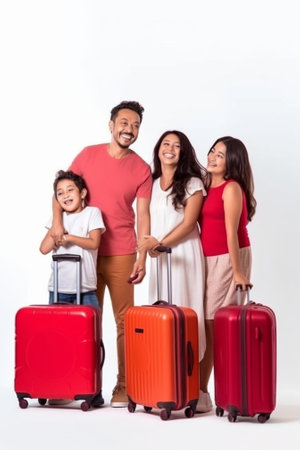 Generative AI : Full body happy parents and children with luggage passports and tickets smiling and looking at camera against blue backdropの素材