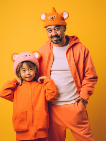 Generative AI : a happy family father and child daughter in costumes for halloween at homeの素材