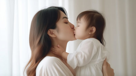 Generative AI : happy family mother and child baby daughter hugging and kissingの素材