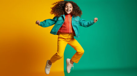 Generative AI : funny child girl jumping on a colored yellow backgroundの素材
