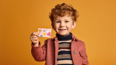 Generative AI : Happy little boy with suitcase passport and ticket against yellow backgroundの素材