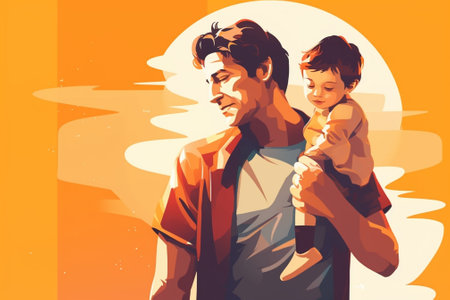 Generative AI : happy fathers day cute dad and son hugging on colored yellow backgroundの素材