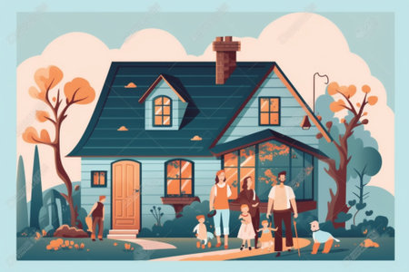 Generative AI : concept of housing and relocation happy family mother father and kids with roof at a homeの素材