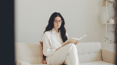 Generative AI : Pensive dreaming ethnic young female in glasses reading document and thinking while sitting cross legged near couch and working on remote project at homeの素材