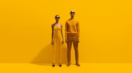 Generative AI : couple of young emotional people man and woman on yellow backgroundの素材