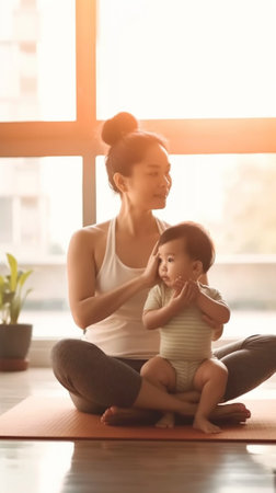 Generative AI : Family practicing yoga online with laptop Young woman mother and little child son wearing casual clothes meditating together while sitting in lotus pose on floor inの素材