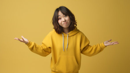 Generative AI : beautiful young woman in a protective medical mask and yellow sweater spreads her hands against a blue background in the midst of the coronavirus pandemicの素材