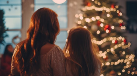 Generative AI : Merry Christmas mother and child daughter with a glowing Christmas garland near treeの素材