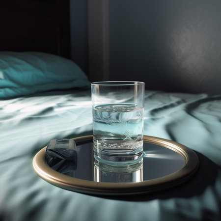 Generative AI : young healthy girl drinking water glass in bed in the morningの素材