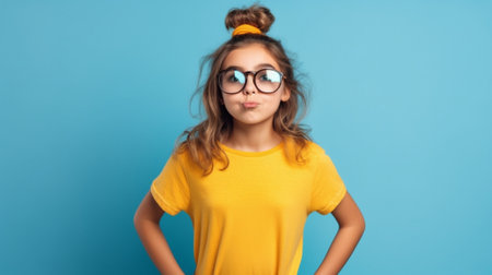 Generative AI : funny child girl wearing glasses on a colored backgroundの素材