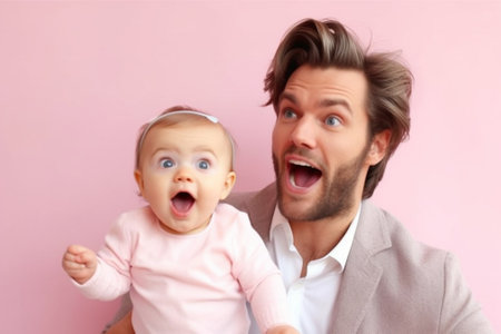 Generative AI : happy fathers day baby daughter does makeup to daddy and laughsの素材