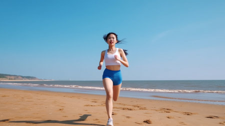 Generative AI : woman goes in for sports jogging on the beachの素材