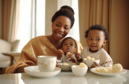 Generative AI : happy african american family mother and little son eat cookies with milk for breakfast at homeの素材
