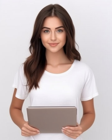 Generative AI : Beautiful happy girl with flowing hair holding a laptop with blank screen isolated on a white backgroundの素材