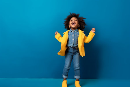 Generative AI : Full body of joyful little black child with Afro hair in stylish clothes laughing and jumping while trying to catch colorful confetti on birthday against yellow bacの素材