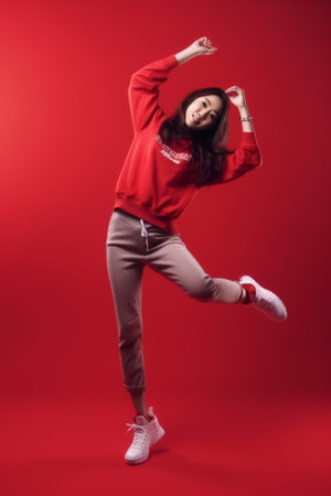 Generative AI : Full body cheerful ethnic female in casual clothes smiling and leaping up while having fun against red backdropの素材
