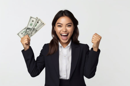 Generative AI : beautiful successful young woman in a red blouse shows a thumb up and holding the money American dollars isolated on a white backgroundの素材