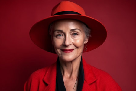 Generative AI : cheerful old woman creative designer in a red hat smiles at workplace at the table with a laptop sketches and samplesの素材