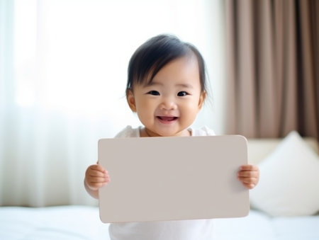 Generative AI : cute baby with white blank banner in hand isolatedの素材