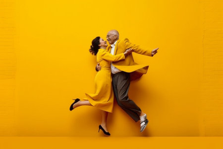 Generative AI : couple of young emotional people man and woman jumping on yellow backgroundの素材