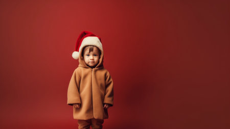 Generative AI : happy funny child boy in red Christmas reindeer costume with gift on yellow colored backgroundの素材