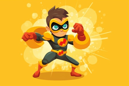 Generative AI : the concept of child superhero costume on yellow backgroundの素材