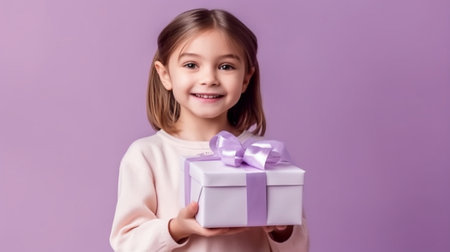 Generative AI : happy laughing child girl with gift Valentines Day wooden backgroundの素材