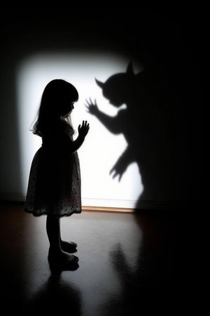 Generative AI : mother scares child daughter tells scary stories plays in the theater of shadowsの素材