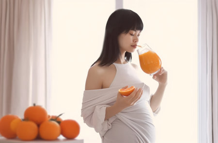Generative AI : nutrition and diet during pregnancy Pregnant woman standing near refrigerator with with orange juiseの素材