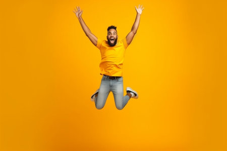 Generative AI : I did it Full length studio shot of young emotional overjoyed african american man jumping over orange background with clenched fists excited guy celebrating succesの素材