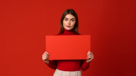 Generative AI : Cheerful young woman smiling for camera and holding at empty banner against red backgroundの素材