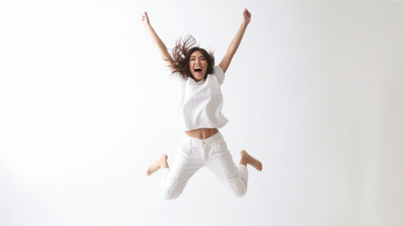 Generative AI : Funny happy girl with flying clothes jumping at homeの素材