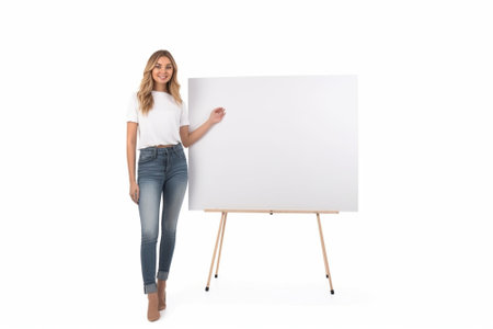 Generative AI : happy housewife with thumbs up with white empty billboard isolated on white backgroundの素材