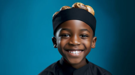 Generative AI : funny happy ethnic child boy with easter eggs and bunny ears on blue backgroundの素材