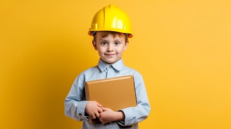 Generative AI : Funny ginger boy in hat pointing up while reading textbook during school studies against yellow backgroundの素材