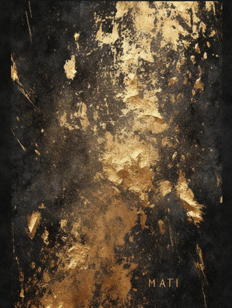 Generative AI : Black grungy backdrop with golden splattersの素材