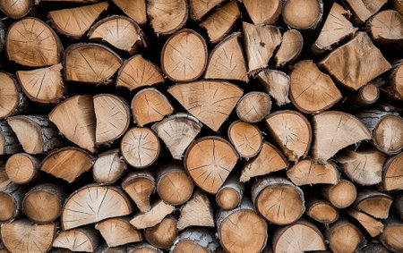 Generative AI : Dry chopped firewood logs stacked in a wood pileの素材
