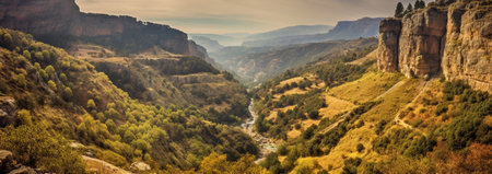 Generative AI : Granitic mountains and autumnal colored temperate broadleaf and mixed forest landscape in PenedaGeres National Park Portugalの素材