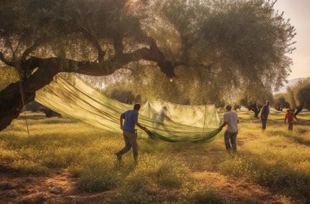 Generative AI : Harvest of olive trees in winterの素材