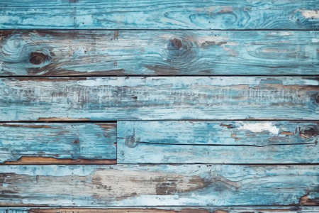 Generative AI : Old rustic wooden planks wall with blue turquoise peeling paint grunge background or textureの素材
