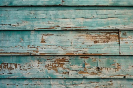 Generative AI : Old rustic wooden planks wall with blue turquoise peeling paint grunge background or textureの素材