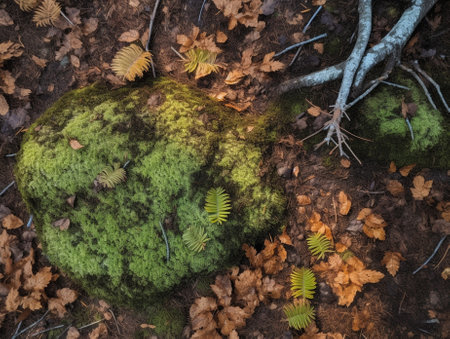 Generative AI : green moss and autumn leavesの素材