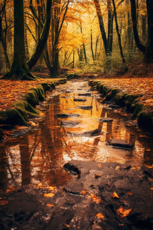 Generative AI : footpath by a river in an autumnal forestの素材