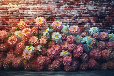 Generative AI : pink flowers green brickwall backgroundの素材