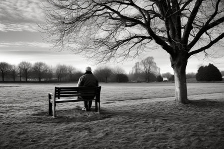 Generative AI : lonely man siting on a bench on an empty landscapeの素材