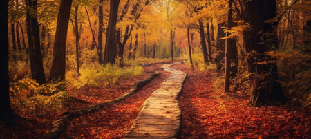 Generative AI : A path across an autumnal forestの素材
