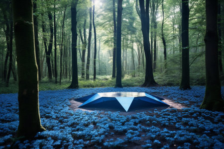 Generative AI : BLuepurplish flowers carpet in the springtime forest with bluebの素材