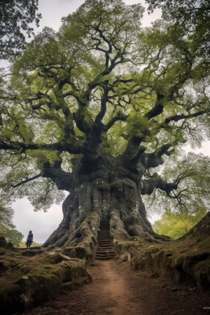 Generative AI : Ancient pedunculate oak tree in Camino de Santiago Galicia Spainの素材