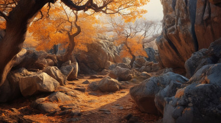 Generative AI : Autumn colored beech forest Fagus sylvatica growing on vertical limestone slopes in Hoz de la Escalera Argovejo Leon Spainの素材